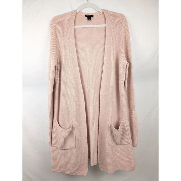 Halogen Cashmere Open Front Cardigan‎ Size M Pink Knit Pockets Coquette Longline - Picture 2 of 11